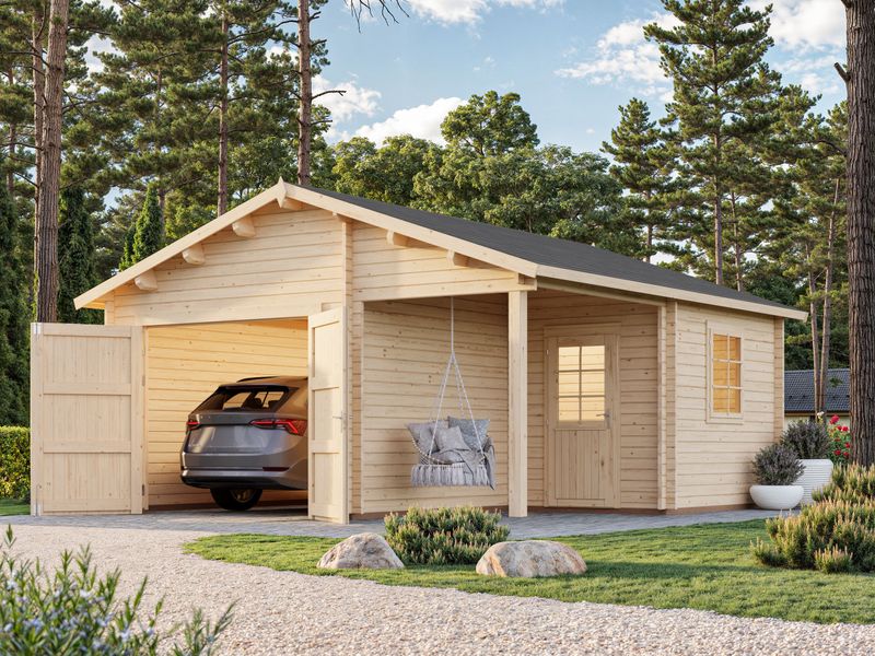 Garage toit deux pentes Roger 21,9+5,2 m2 en bois 44 mm avec porte bois traitement au choix
