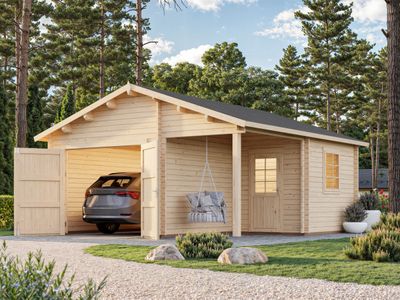 Garage toit deux pentes Roger 21,9+5,2 m2 en bois 44 mm avec porte bois traitement au choix