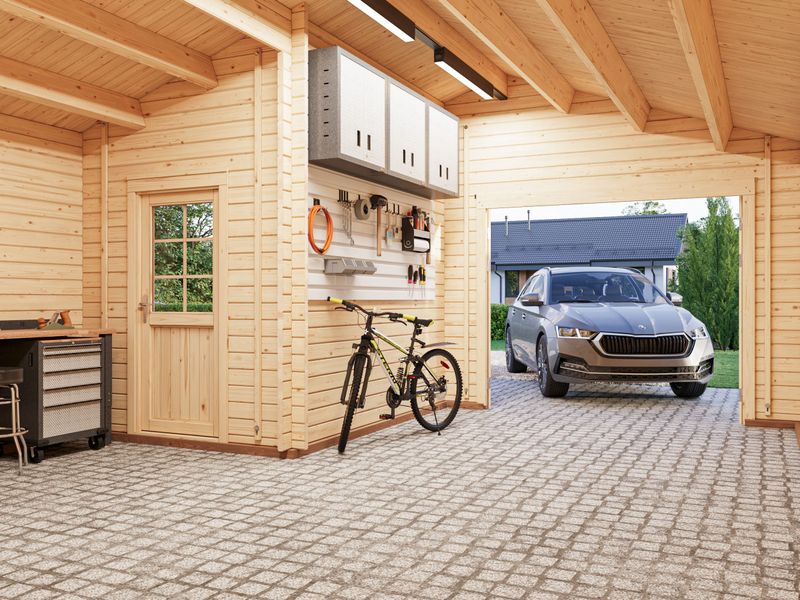 Garage toit deux pentes ROGER 21,9+5,2 m2 en bois 44 mm avec porte bois traitement au choix