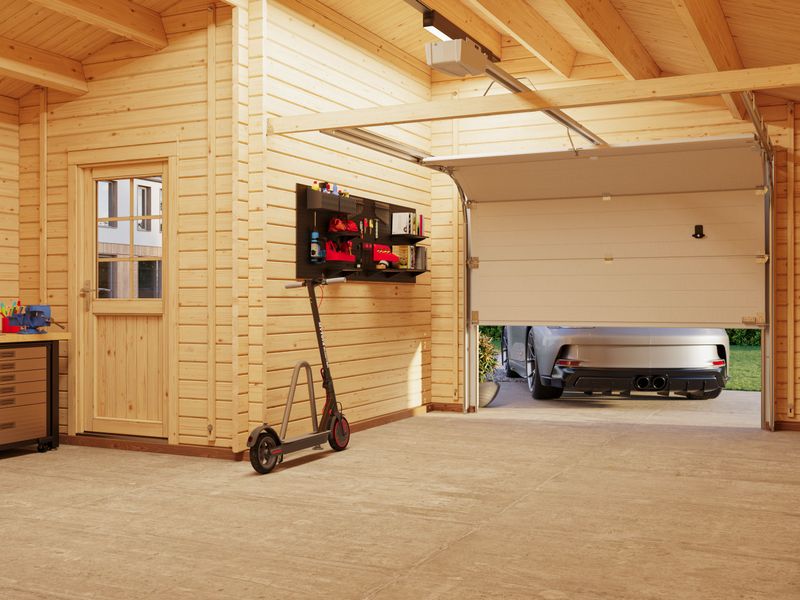 Garage toit deux pentes ROGER 21,9+5,2 m2 en bois 44 mm avec porte sectionnelle traitement au choix