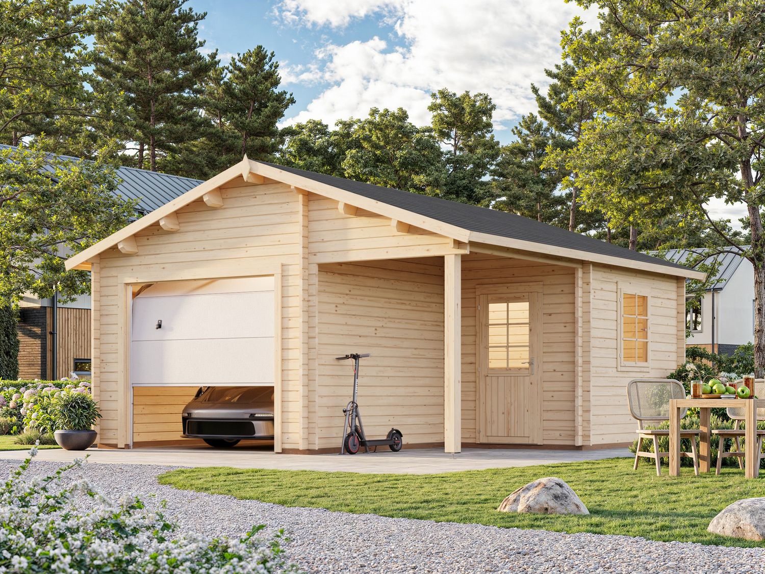 Garage toit deux pentes Roger 21,9+5,2 m2 en bois 44 mm avec porte sectionnelle traitement au choix