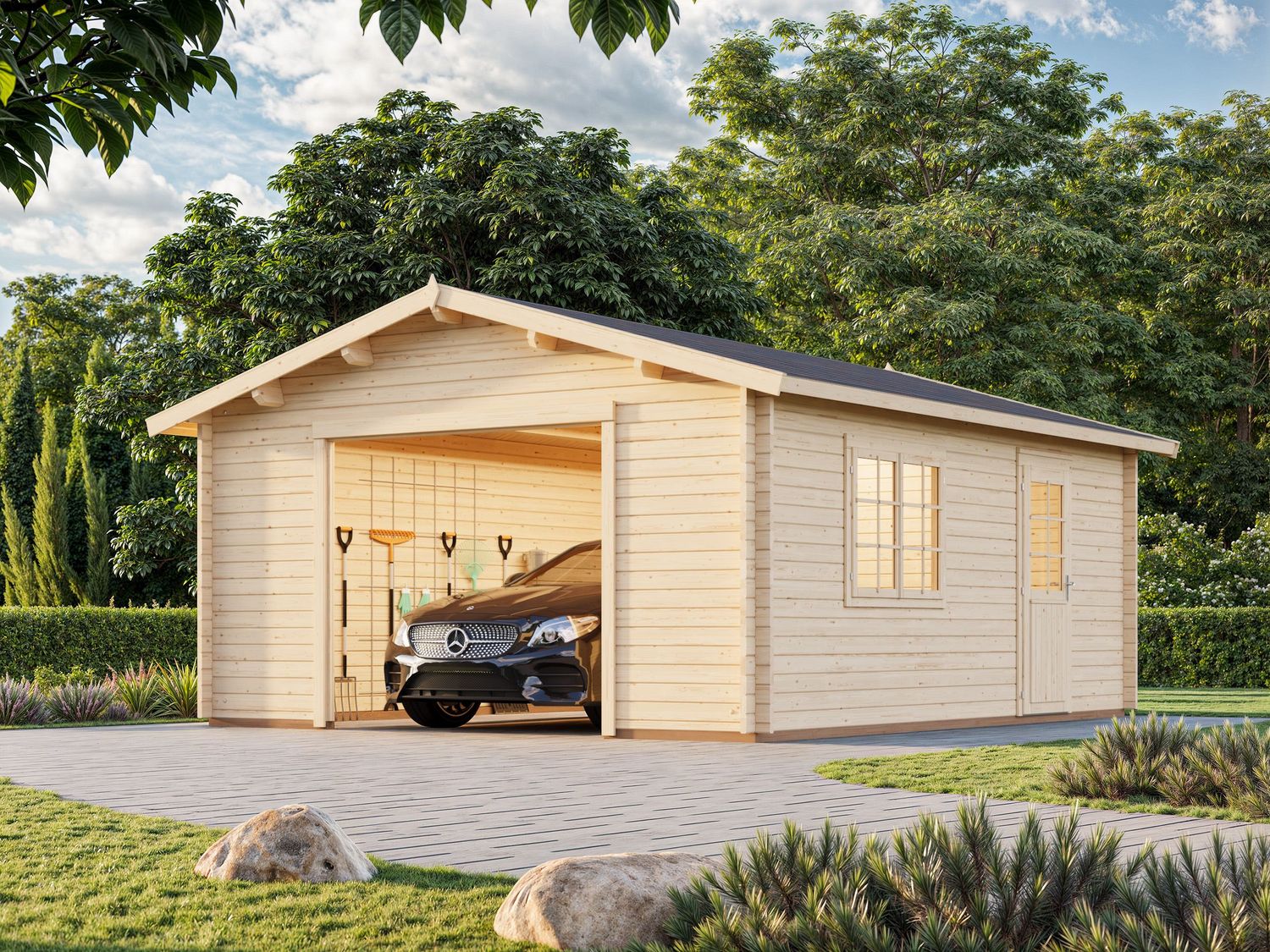 Garage deux pentes Roger 23.9 m² en bois 44 mm sans porte façade traitement au choix