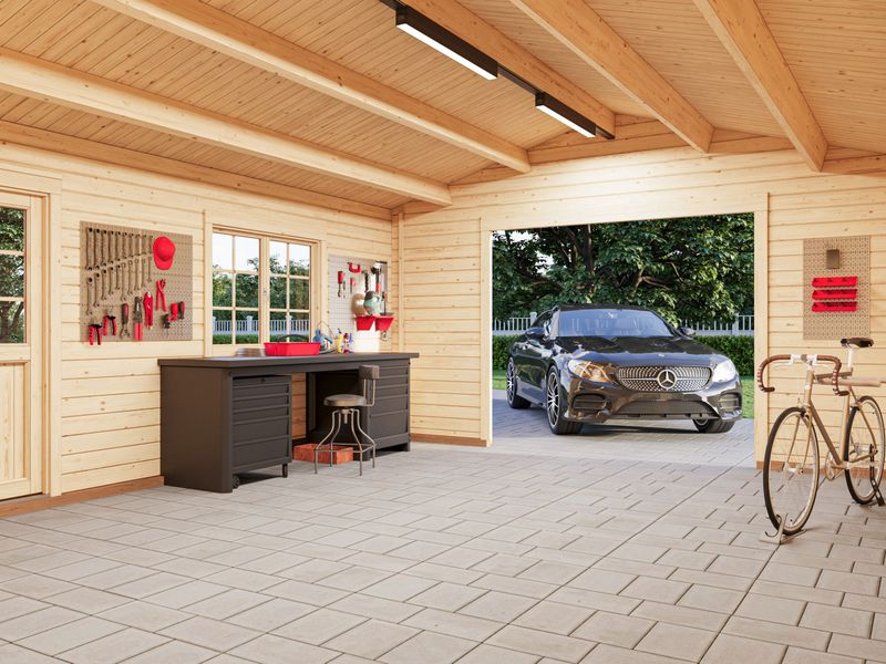 Garage toit deux pentes ROGER 23.9 m² en bois 44 mm sans porte façade traité au choix