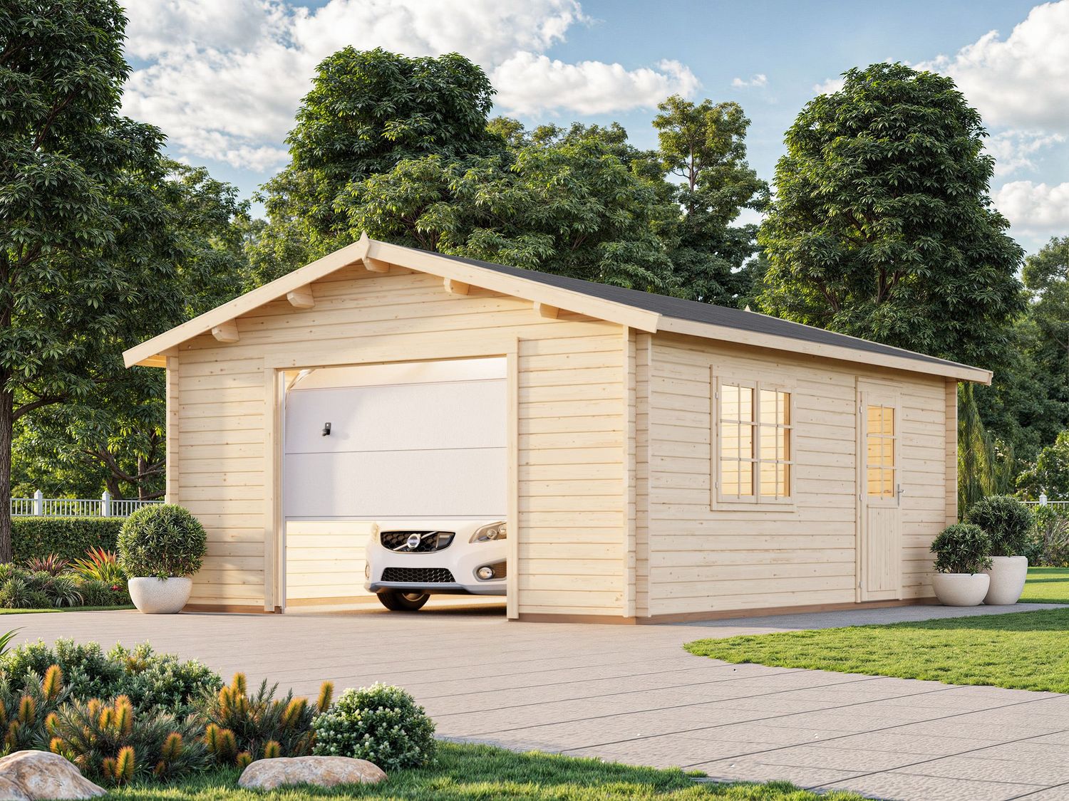 Garage deux pentes Roger 23,9 m2 en bois 44 mm avec  porte sectionnelle traitement au choix