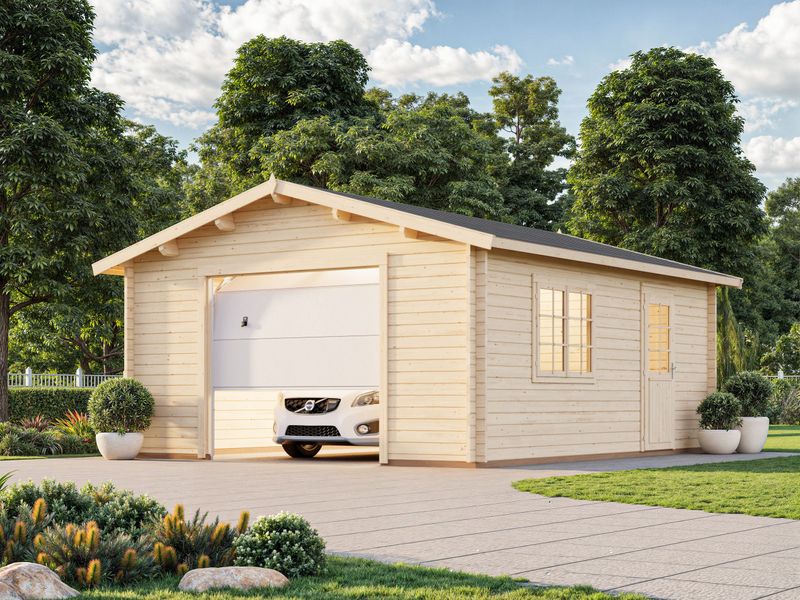 Garage deux pentes Roger 23,9 m2 en bois 44 mm avec  porte sectionnelle traitement au choix