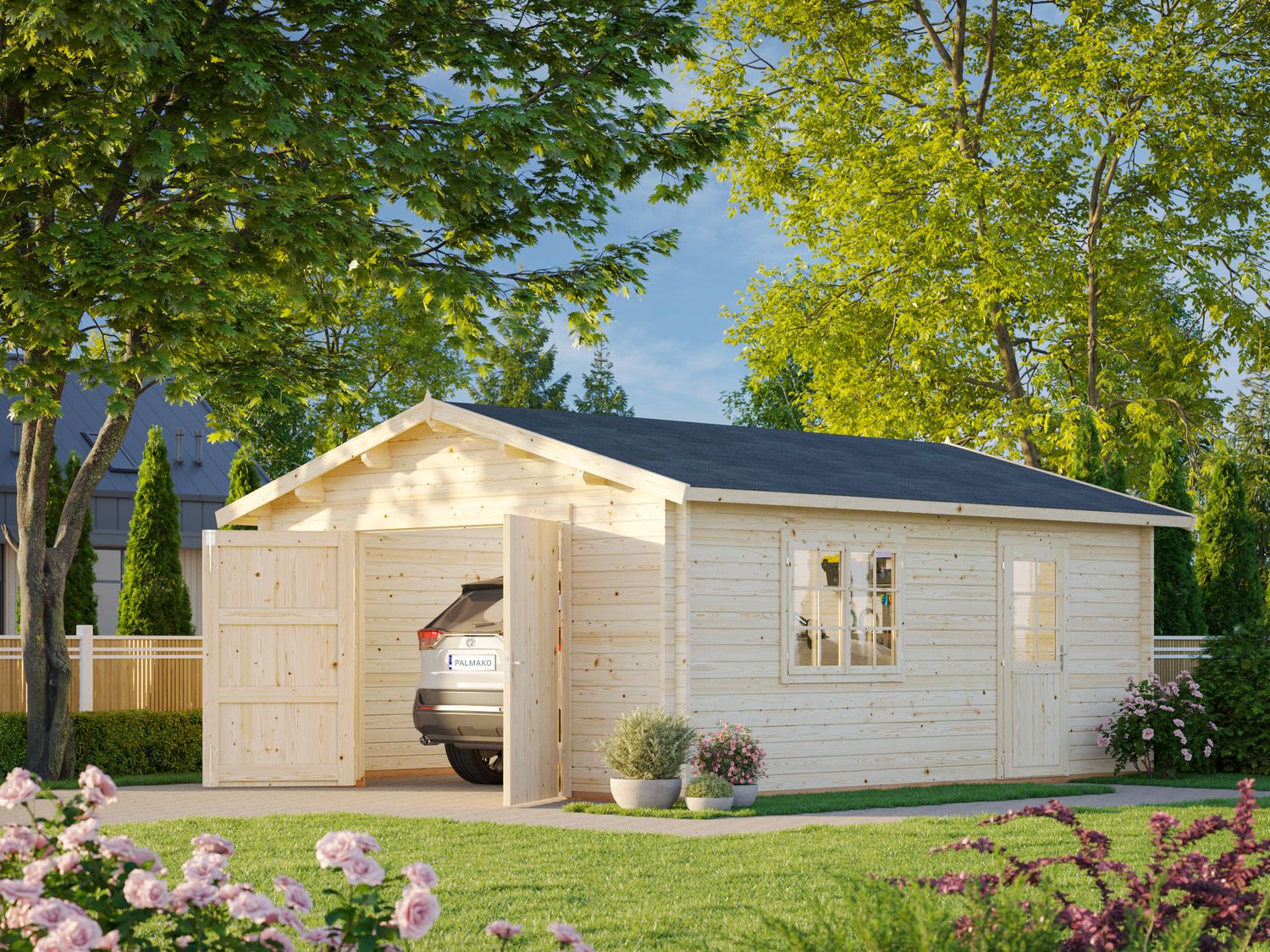 Garage deux pentes Roger 23.9 m² en bois 44 mm porte façade en bois traitement au choix
