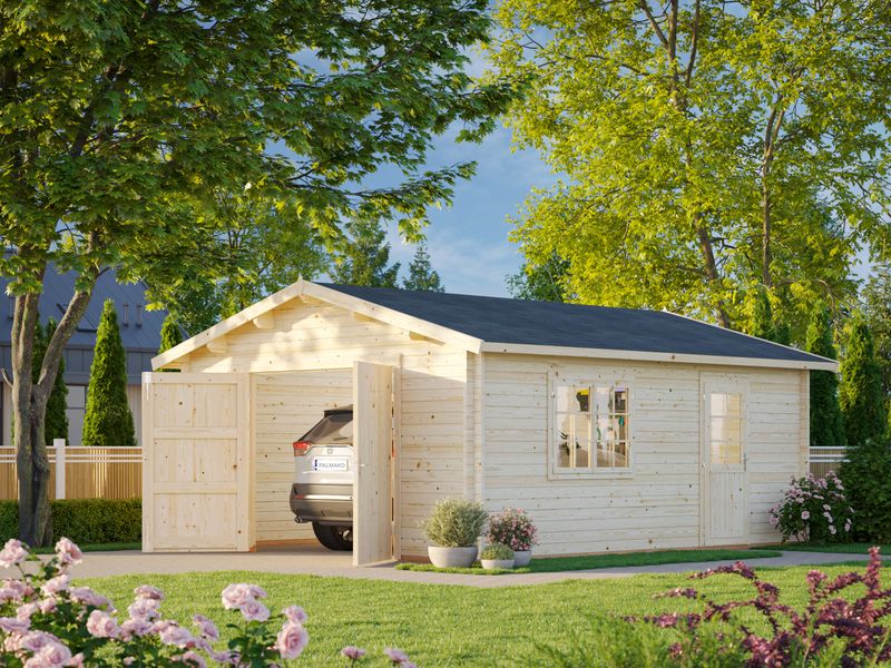 Garage deux pentes Roger 23.9 m² en bois 44 mm porte façade en bois traitement au choix