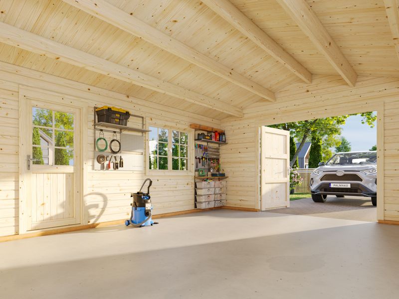 Garage toit deux pentes ROGER 23.9 m² en bois 44 mm porte façade en bois traité au choix