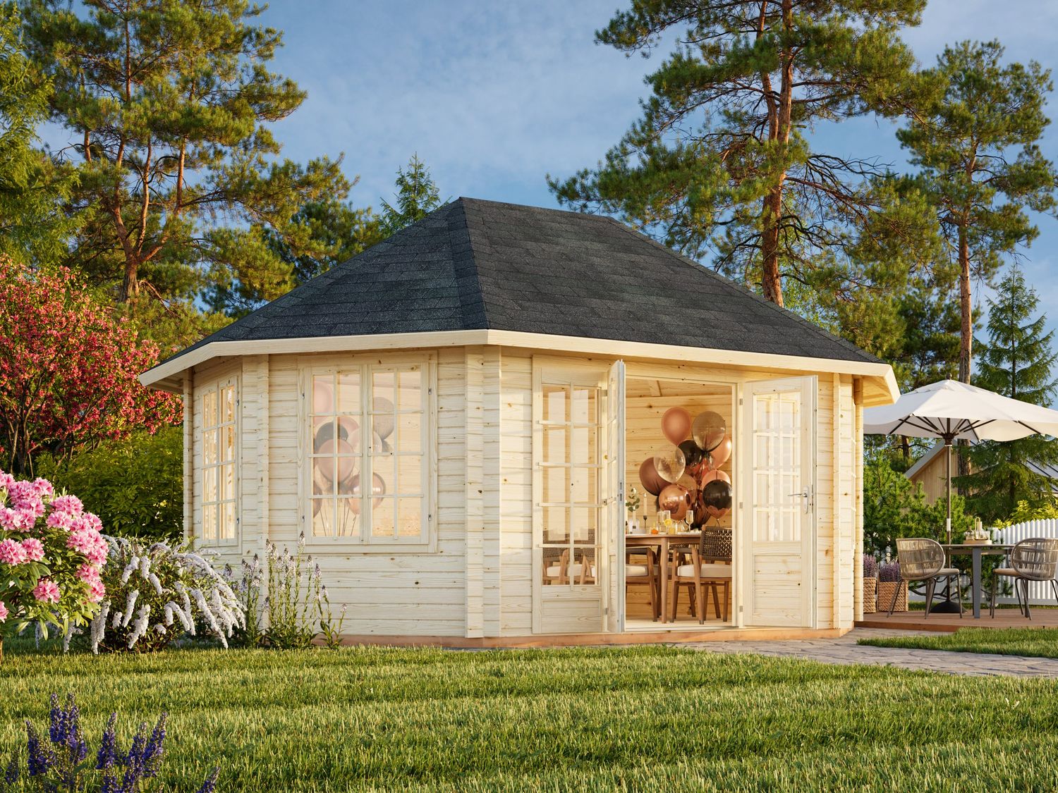 Pavillon de jardin Hanna 20,3 m2 en bois 44 mm au choix
