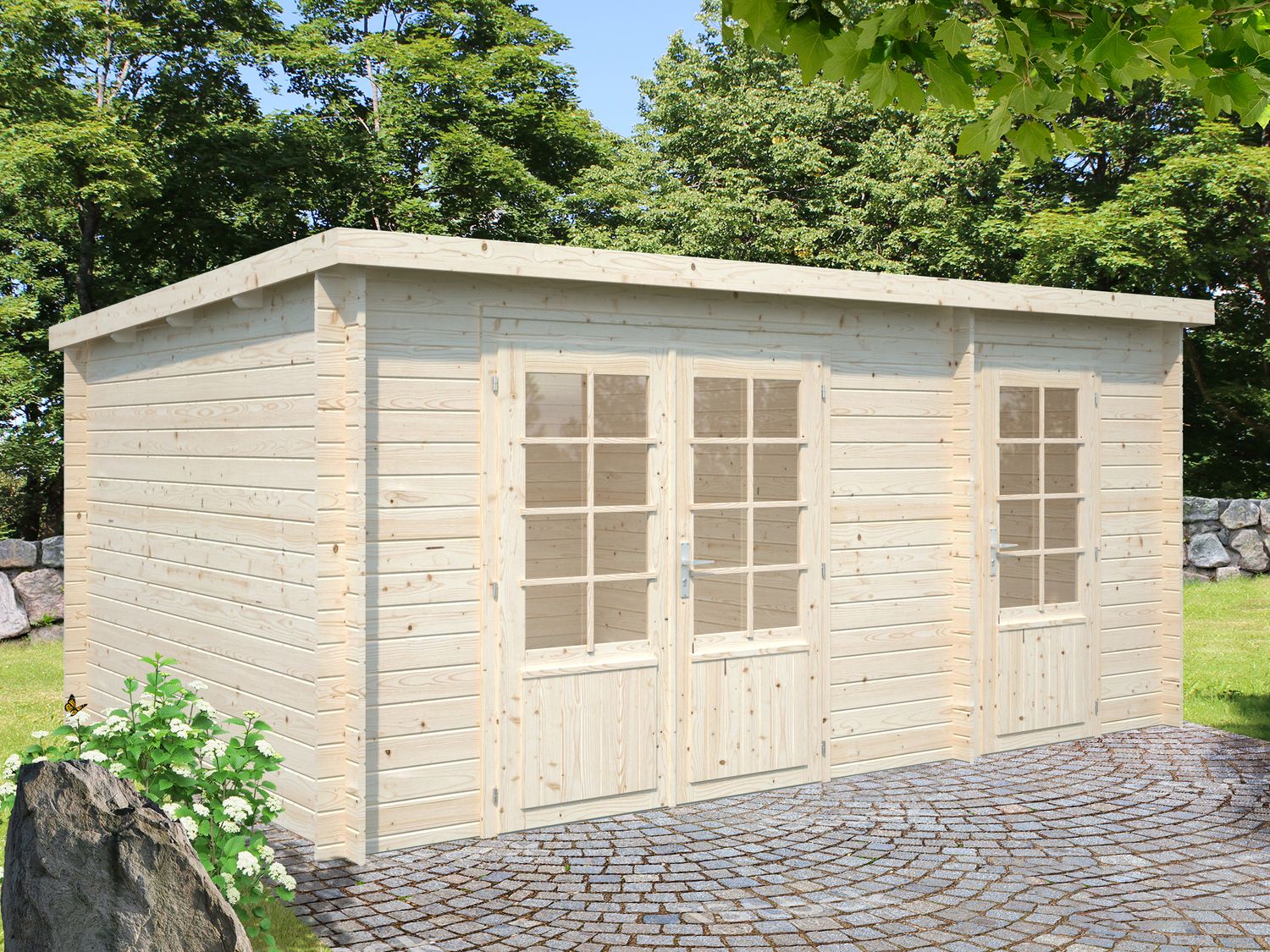 Abri de jardin toit plat Ella 13.1 m2 en bois 28 mm au choix