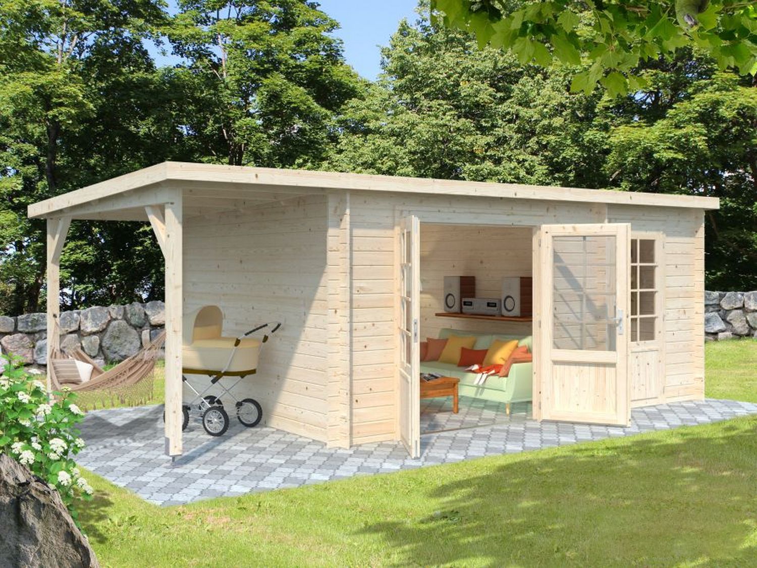Abri de jardin toit plat Ella 13,1+3,9 m2 en bois 28 mm au choix