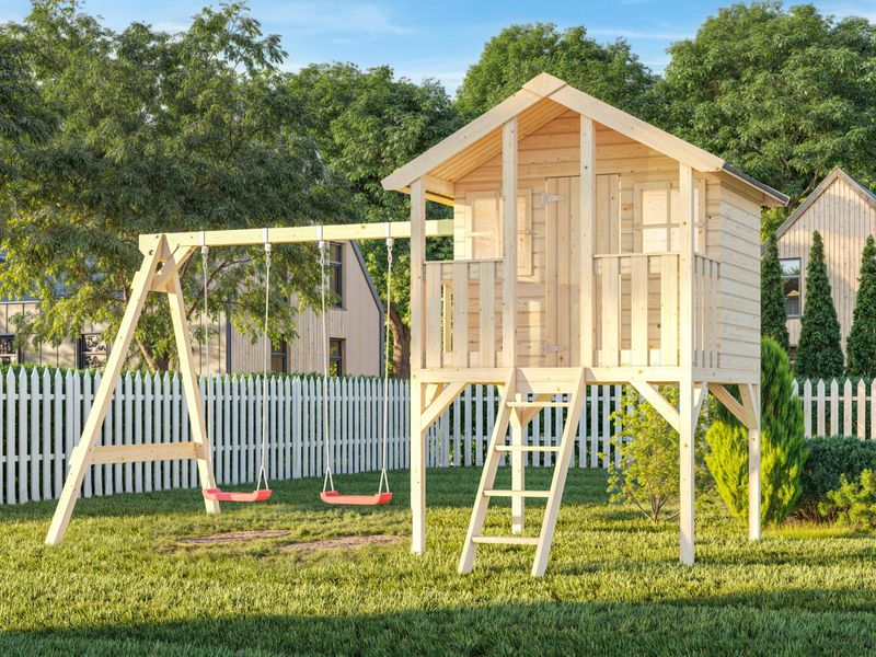 Cabane enfant en bois Toby Set 2.1 m2 avec Balançoire Accolabde Naturel