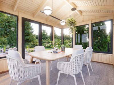 Pavillon de jardin Isabella 10.9 m2 avec portes et fenêtres en aluminium traité au choix