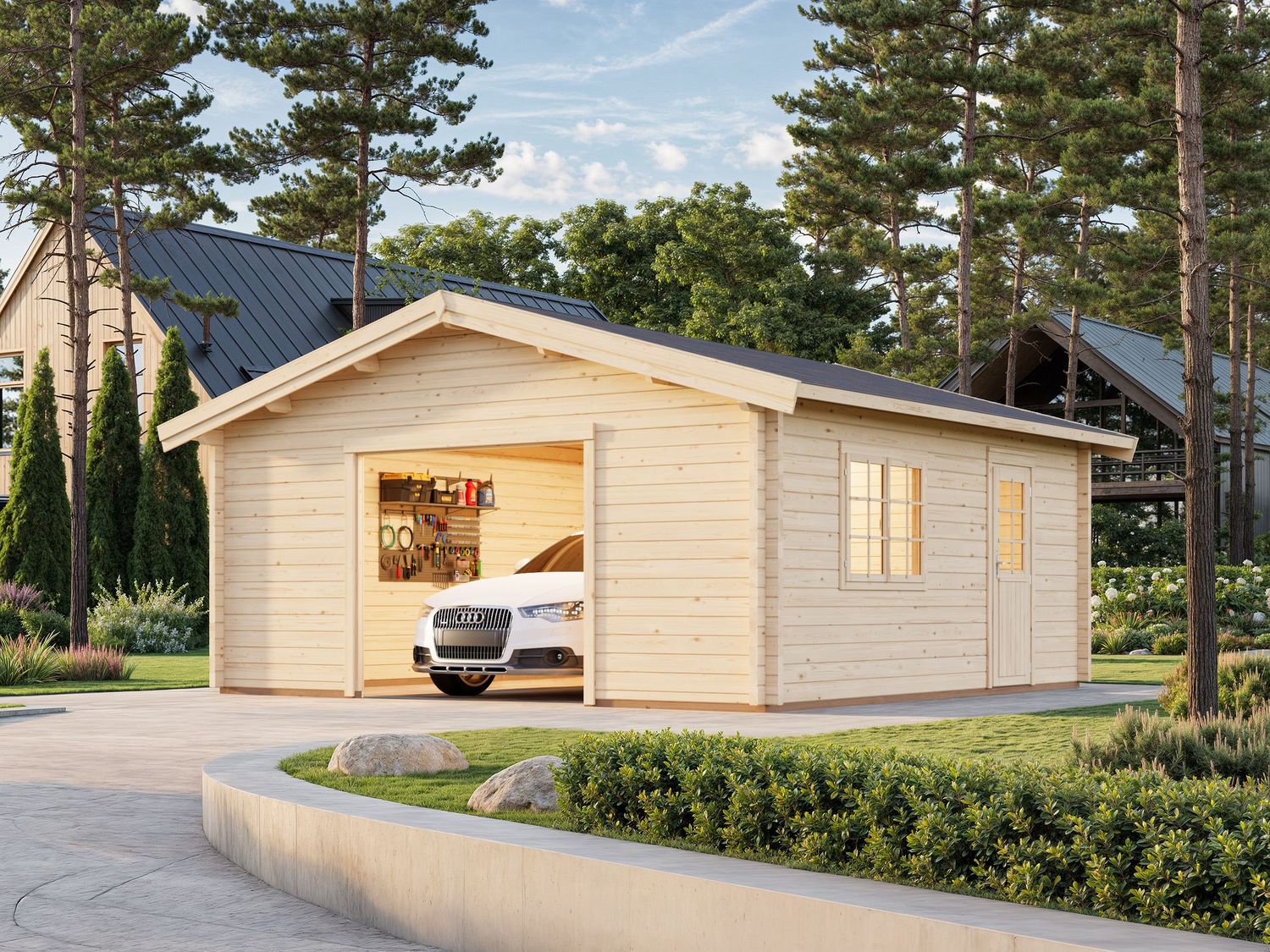 Garage toit deux pentes Roger 27,7 m2 en bois 70 mm sans porte de façade traitement au choix