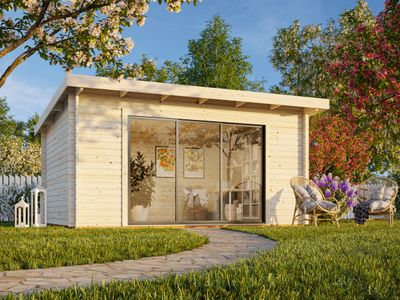 Abri de jardin toit plat LEA SLIDE 14.2 m2 en bois 44 mm avec porte coulissante avec plancher traité au choix