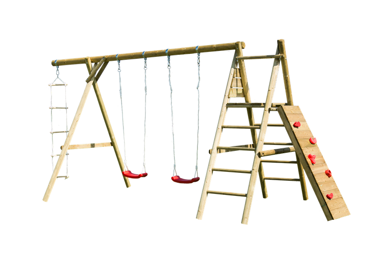 Aire de jeux  BRENDA 510x195x230 cm en bois traité autoclave vert avec Double balançoire