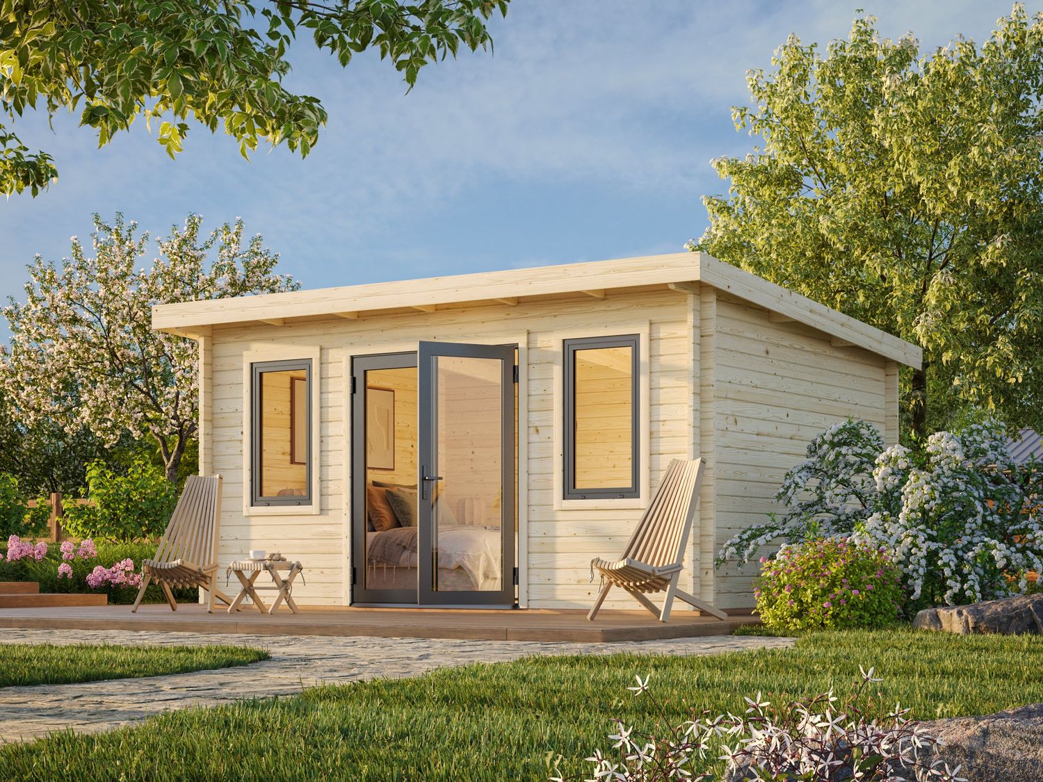 Studio de jardin toit plat LISANDRA 14.2m2 en bois 44mm Traité au choix avec portes et fenêtres en aluminium