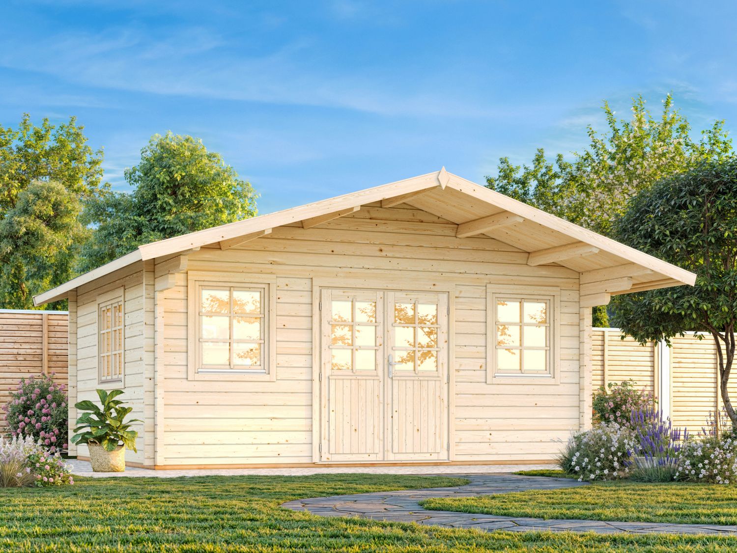 Abri de jardin toit deux pentes Helena 24,6 m2 en bois 70 mm avec plancher au choix