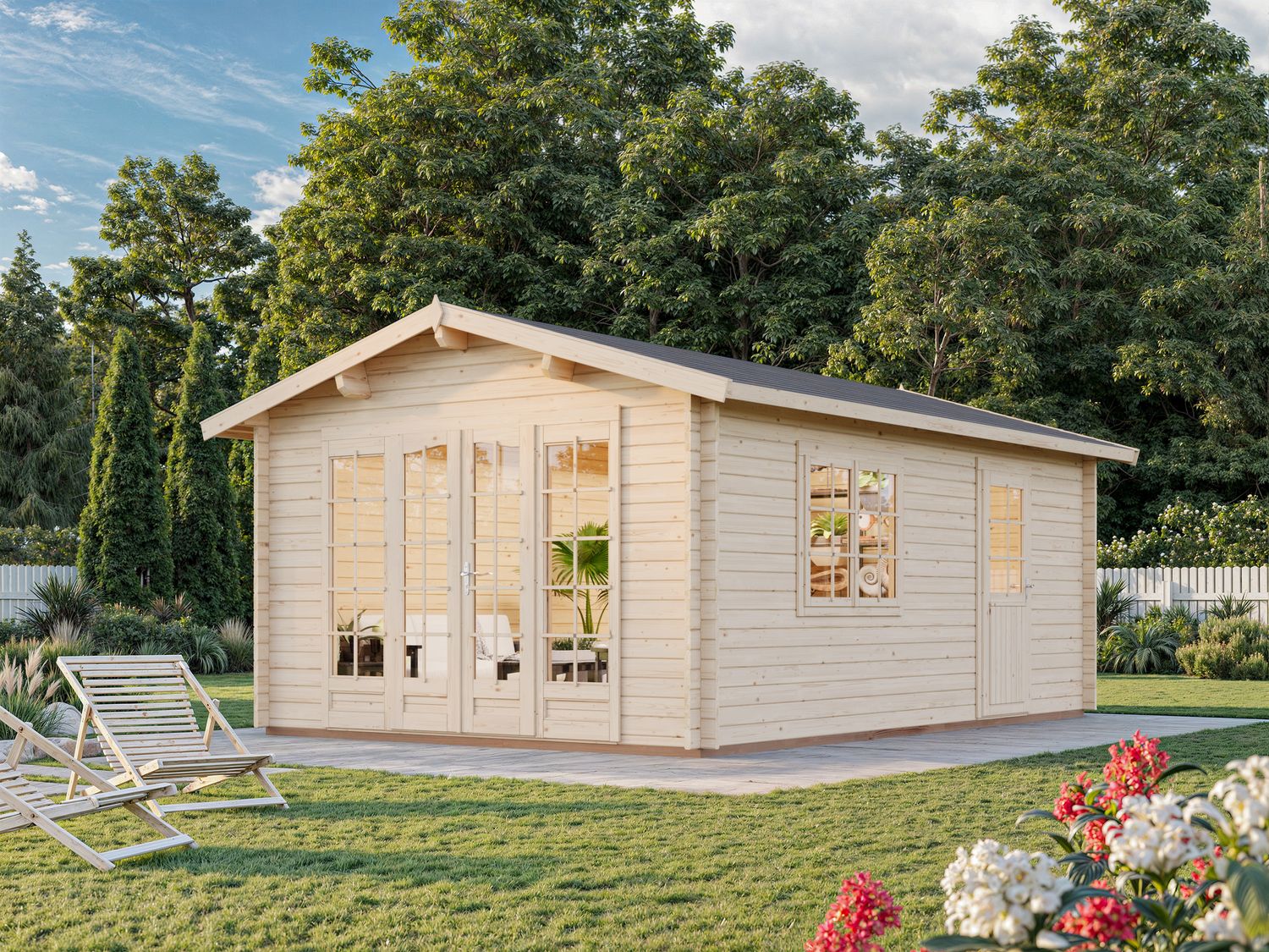 Chalet de jardin deux pentes Irene 19 m2 en bois 44 mm au choix avec plancher