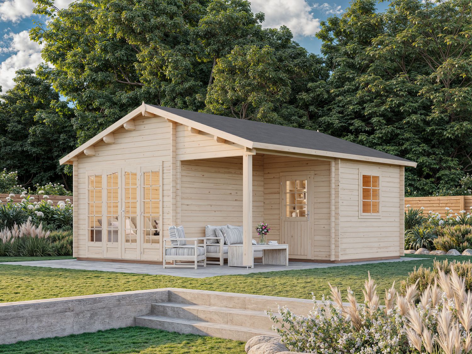 Chalet de jardin deux pentes Irene 21,9+5,2 m2 en bois 44 mm au choix avec plancher