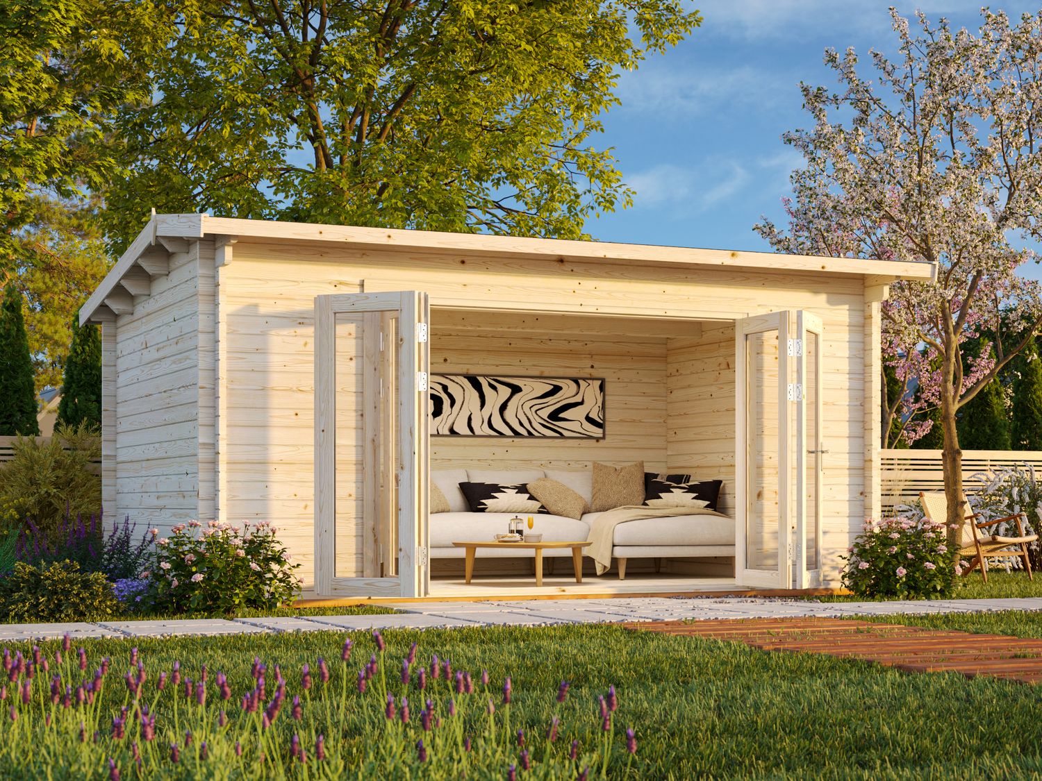 Abri de jardin deux pentes Ines 13.7 m2 en bois 44 mm au choix avec plancher