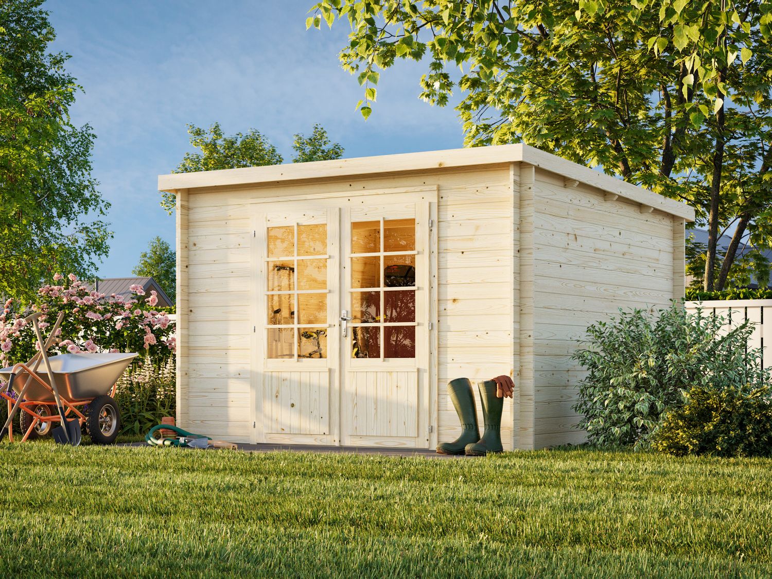 Abri de rangement toit plat Ella 8.7 m2 en bois 28 mm traité au choix