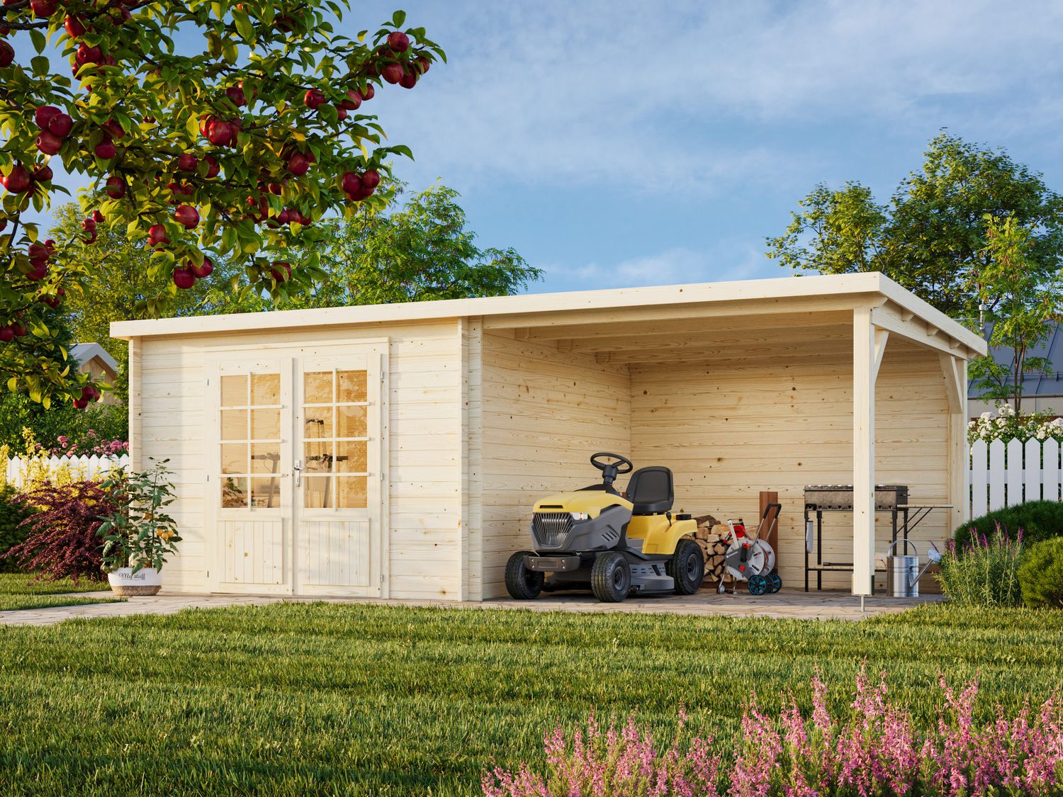 Abri de rangement toit plat Ella 8,7+8,2 m2 en bois 28 mm traité au choix