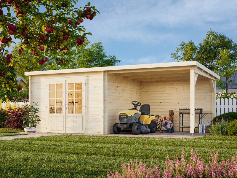 Abri de rangement toit plat Ella 8,7+8,2 m2 en bois 28 mm traité au choix