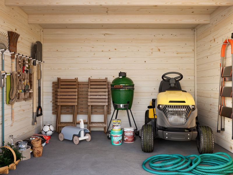 Abri de rangement toit plat Ella 8,7+8,2 m2 en bois 28 mm traité au choix