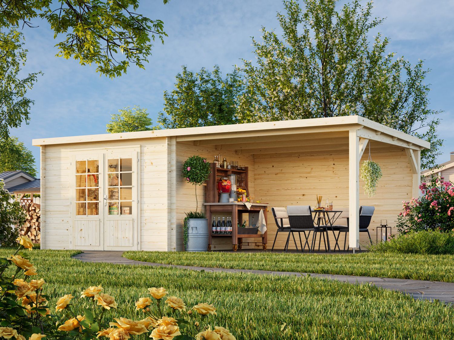 Abri de rangement toit plat Ella 8.7+10,0 m2 en bois 28 mm traité au choix