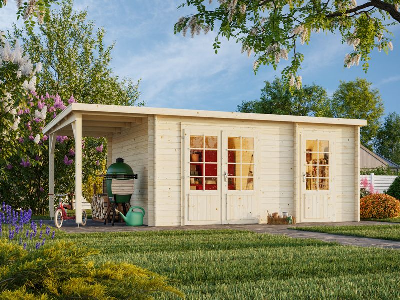 Abri de rangeement toit plat Ella 13,1+3,9 m2 en bois 28 mm traité au choix