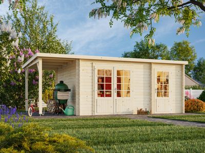 Abri de rangeement toit plat Ella 13,1+3,9 m2 en bois 28 mm traité au choix