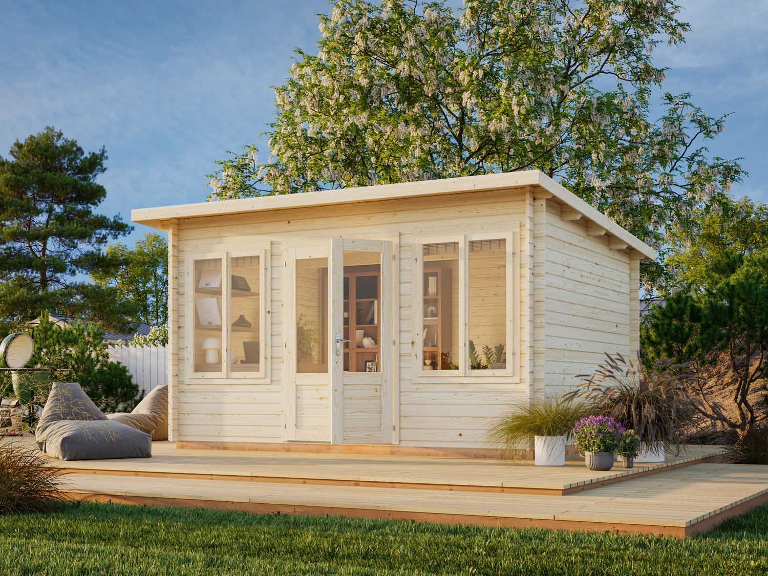 Chalet de jardin toit plat Lisa 11,5 m2 en bois 34 mm avec plancher traité au choix