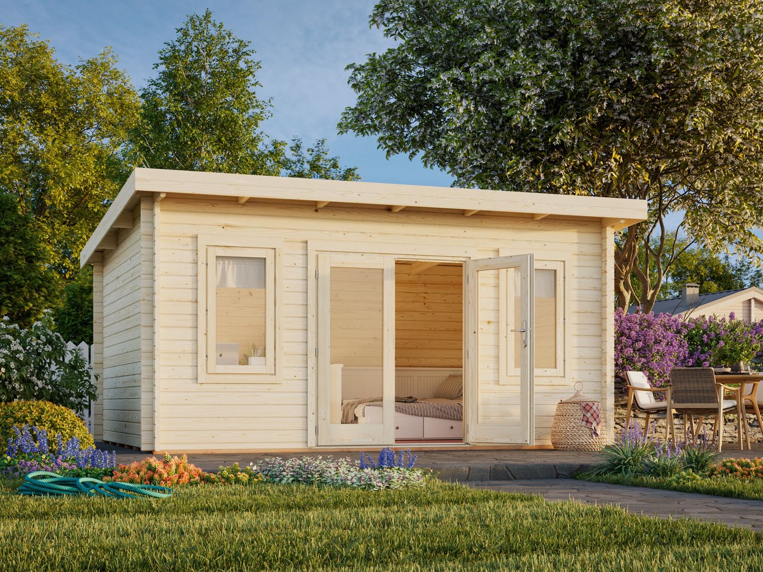 Chalet de jardin toit plat Lisa 14,2 m en bois 44 mm avec plancher traité au choix