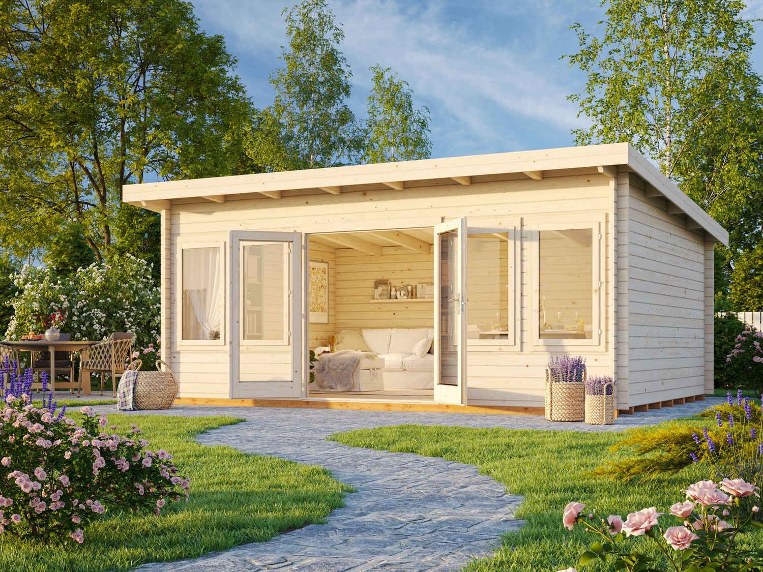 Chalet de jardin toit plat Lisa 19.4 m2 en bois 44 mm avec plancher traité au choix