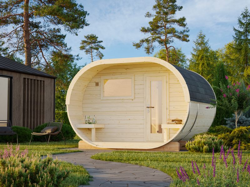 SAUNA ovale d'extérieur ANETTE 3,0+1,5 m2 en bois 42 mm bardeaux de toit inclus