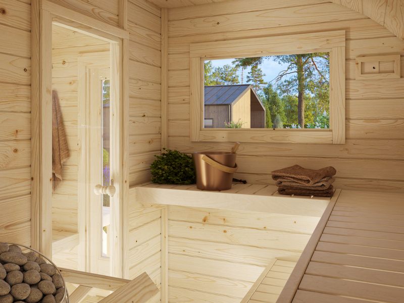 SAUNA ovale d'extérieur ANETTE 3,0+1,5 m2 en bois 42 mm bardeaux de toit inclus