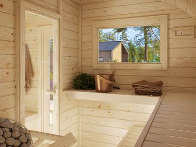 SAUNA ovale d'extérieur ANETTE 3,0+1,5 m2 en bois 42 mm bardeaux de toit inclus