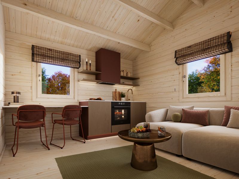 Chalet Sandra 21,5+3,7 m2 en bois 70 mm avec plancher traité Naturel