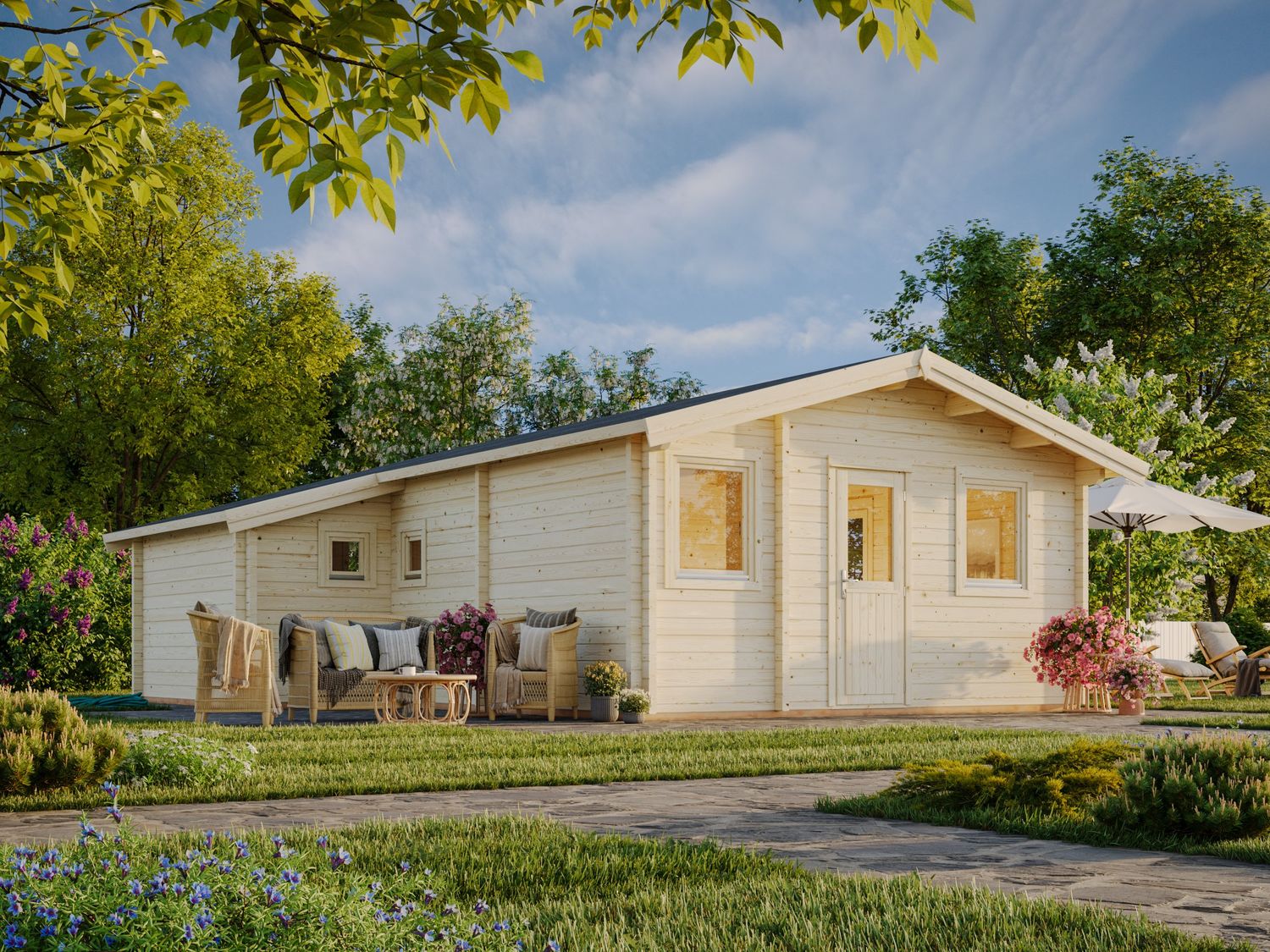 Chalet de jardin à deux pentes Emily 39,2 m2 en bois 70 mm avec plancher traité Naturel