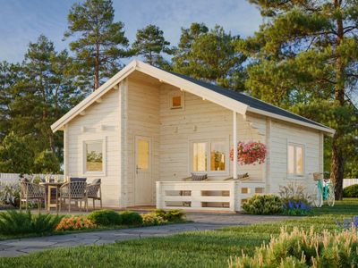 Chalet de jardin à deux pentes Emily 40,1+5,2 m2 en bois 70 mm avec plancher traité Naturel