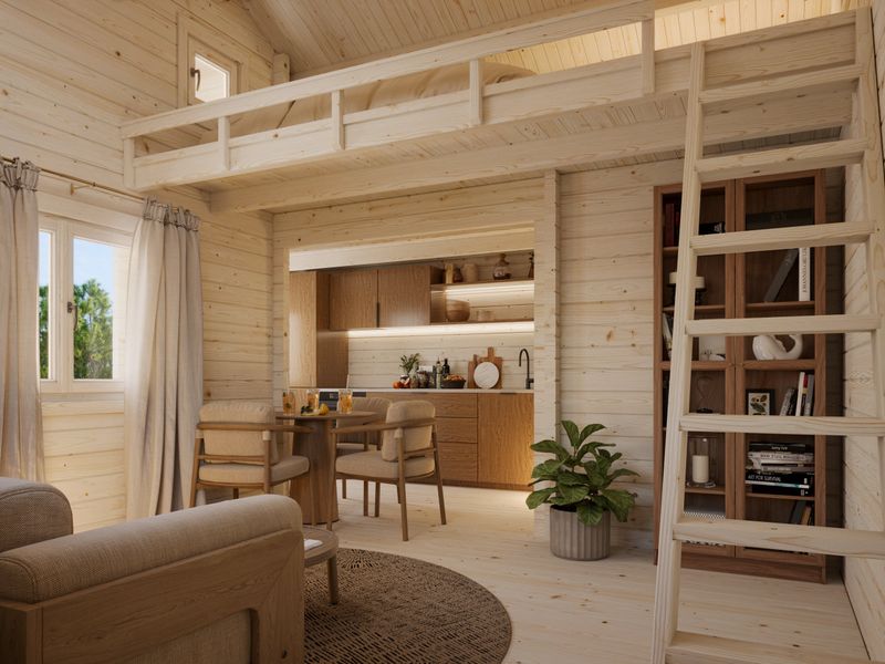 Chalet de jardin à deux pentes Emily 40,1+5,2 m2 en bois 70 mm avec plancher traité Naturel