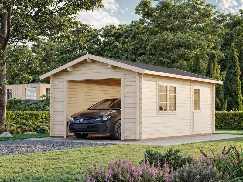 Garage toit deux pentes ROGER 19 m² en bois 44 mm sans porte traitement au choix