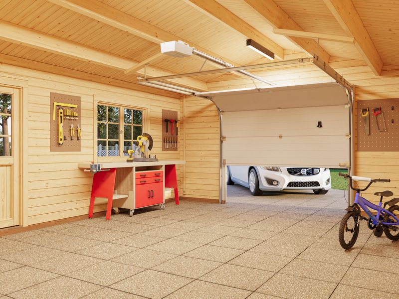 Garage toit deux pentes ROGER 23,9 m2 en bois 44 mm avec  porte sectionnelle traité au choix