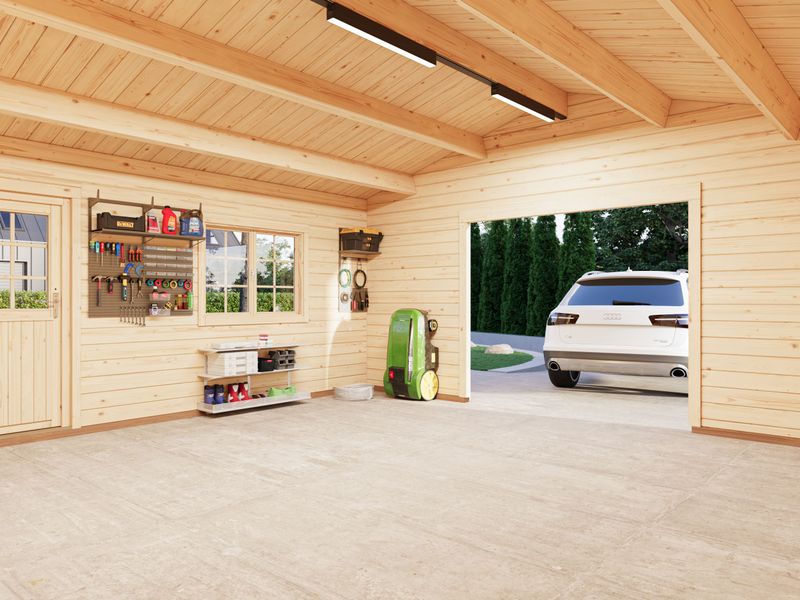 Garage toit deux pentes ROGER 27,7 m2 en bois 70 mm sans porte de façade traité au choix