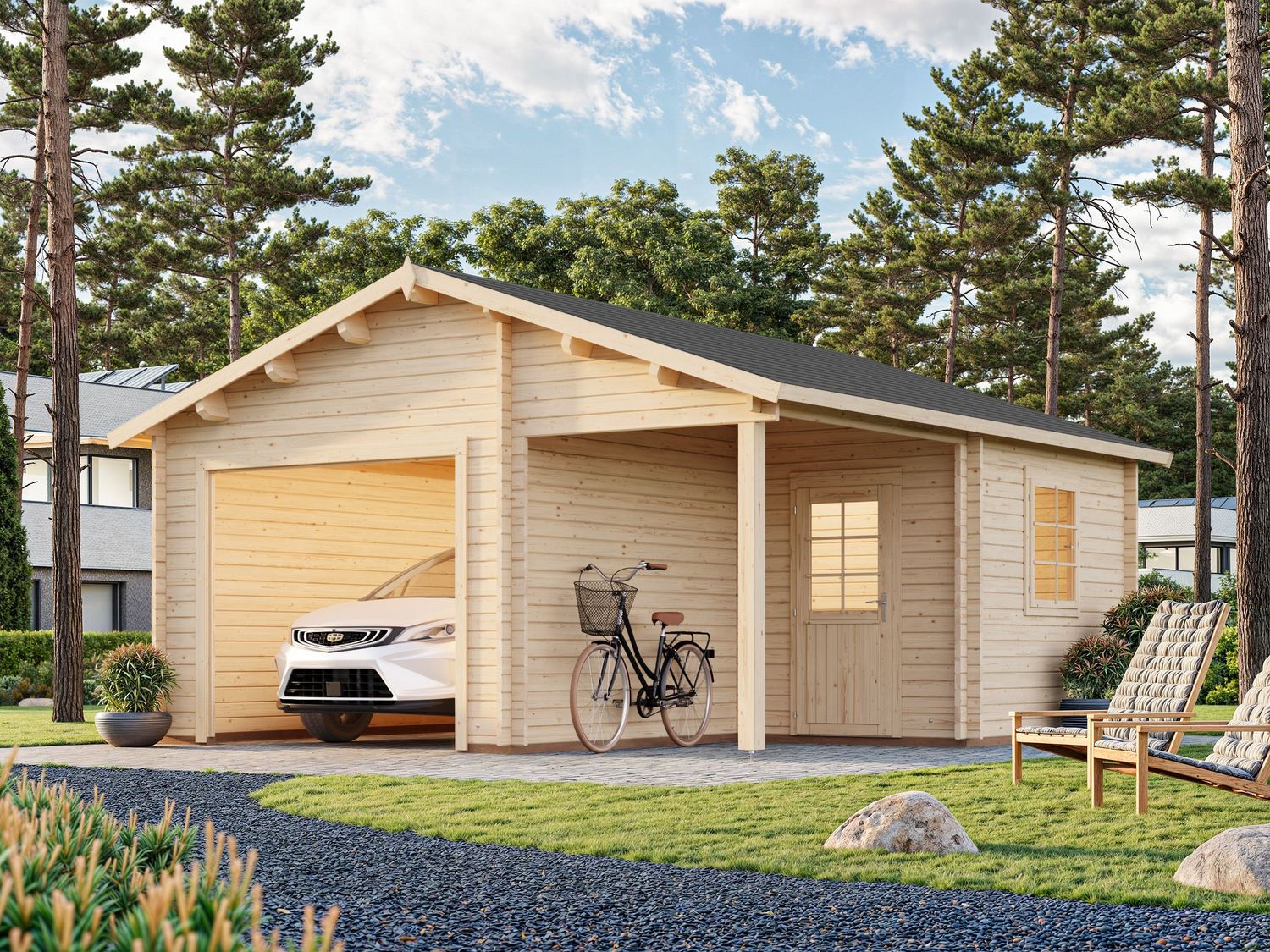 Garage toit deux pentes ROGER 21,9+5,2 m2 en bois 44 mm sans porte de façade traité au choix