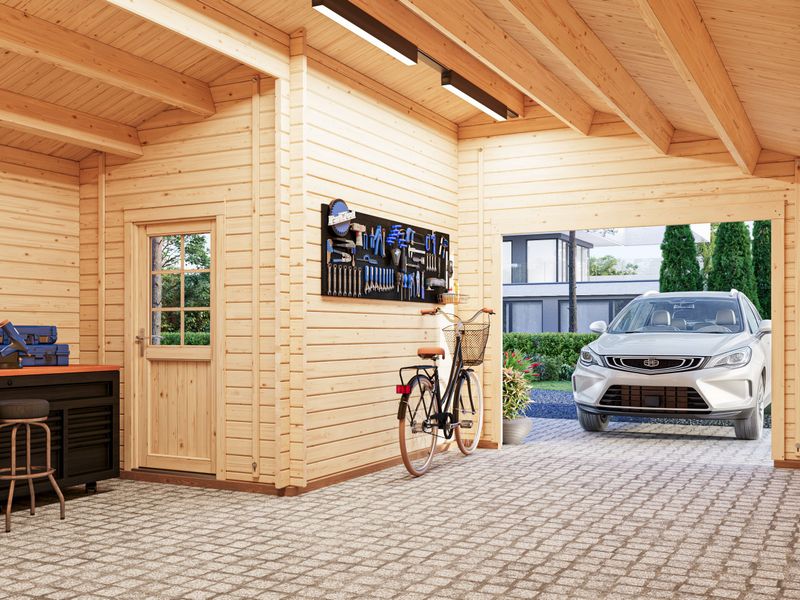 Garage toit deux pentes ROGER 21,9+5,2 m2 en bois 44 mm sans porte de façade traité au choix