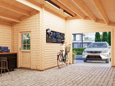Garage toit deux pentes ROGER 21,9+5,2 m2 en bois 44 mm sans porte de façade traité au choix
