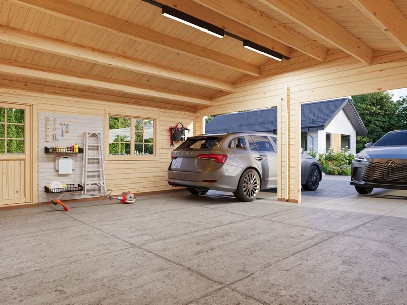 Garage Roger 28,4 m2 en bois 44 mm deux véhicules sans porte de façade traité au choix