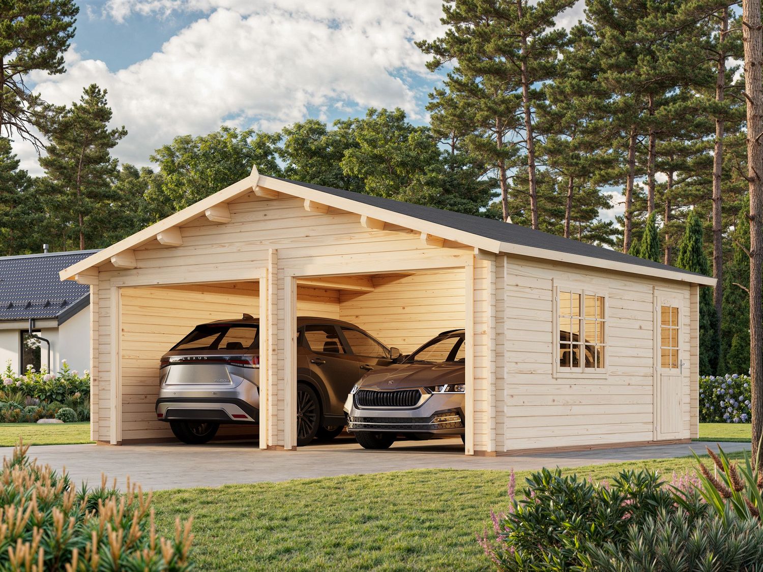 Garage Roger 28,4 m2 en bois 44 mm deux véhicules sans porte de façade traité au choix